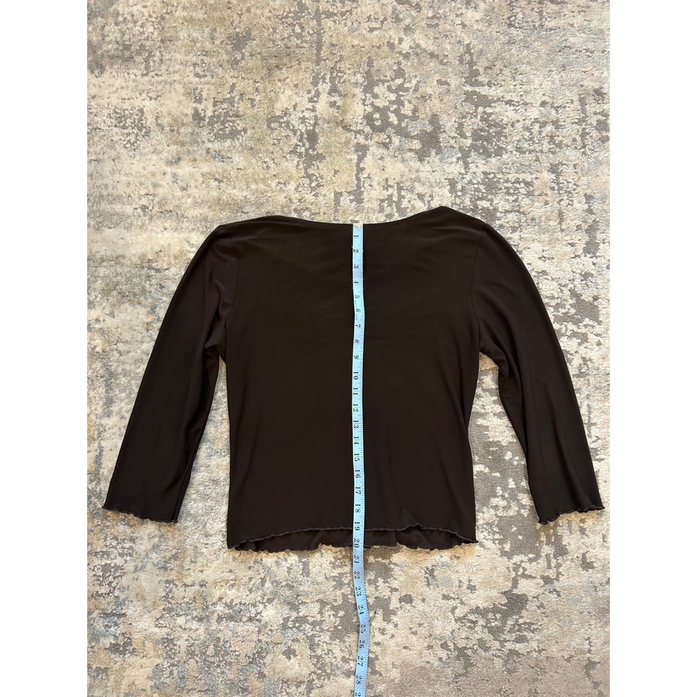 VTG 90s brown ruched floral center longsleeve 3/4 sleeve lettuce hem blouse L - Picture 4 of 5